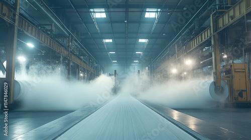 Industrial Production Line with Fog and Machinery in Factory