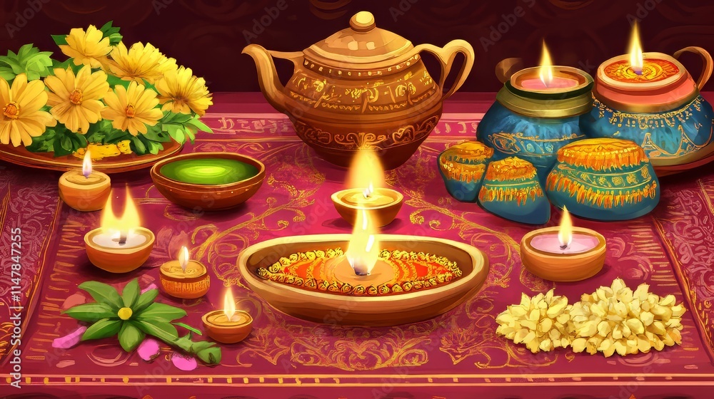 Poster design with traditional Diwali items Poster design with traditional Diwali items