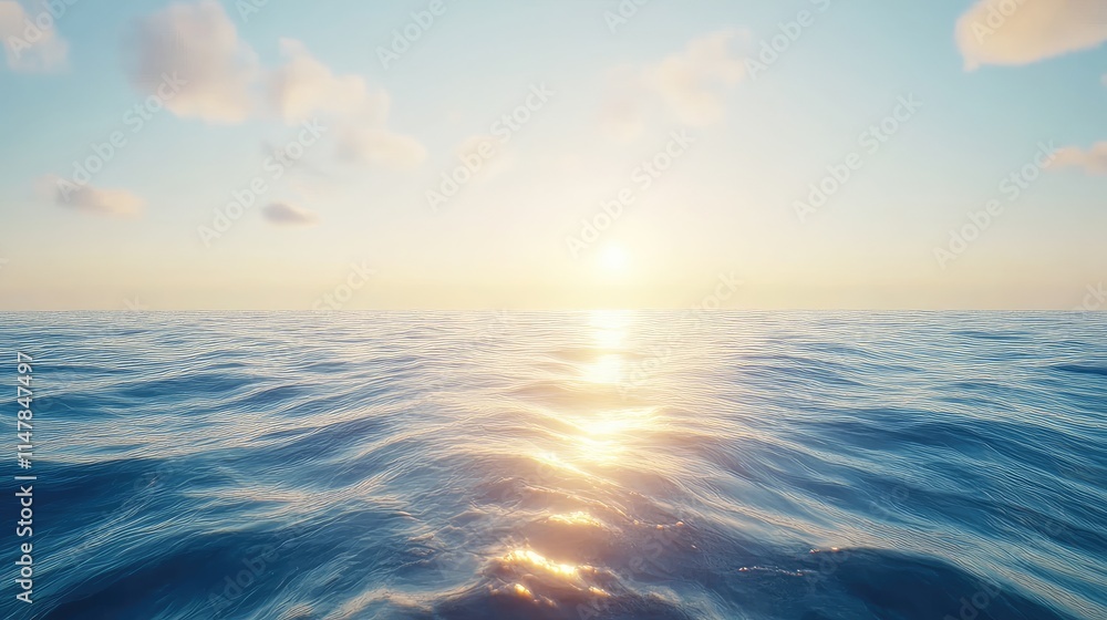 Fototapeta premium Serene Ocean Horizon at Sunrise with Gentle Waves and Soft Clouds