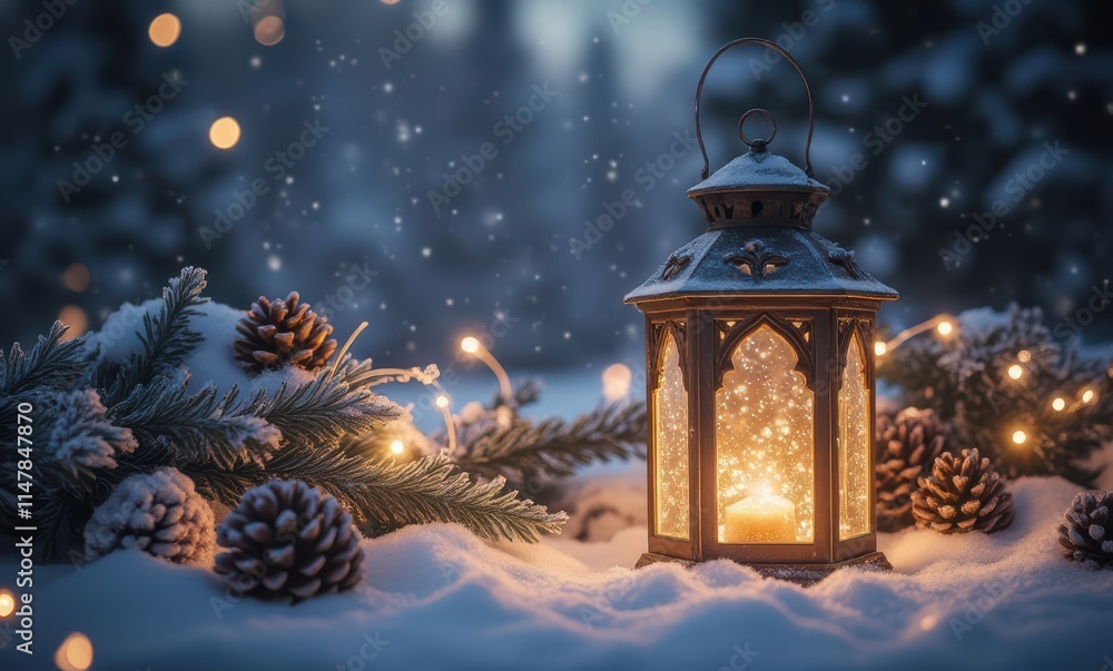 Warm lantern in snowy winter landscape Warm lantern in snowy winter landscape