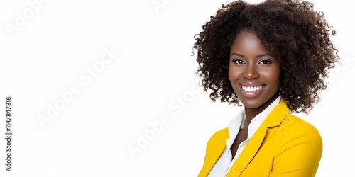 Happy beautiful smiling afro american businesswoman with curly hair and wearing yellow jacket on white background.Macro.AI Generative. photo