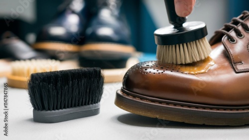 Polishing a brown leather shoe with a brush, showcasing a detailed shoe care process with additional tools in the background