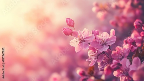 Beautiful Pink Cherry Blossom Flowers with Soft Sunlight Glow