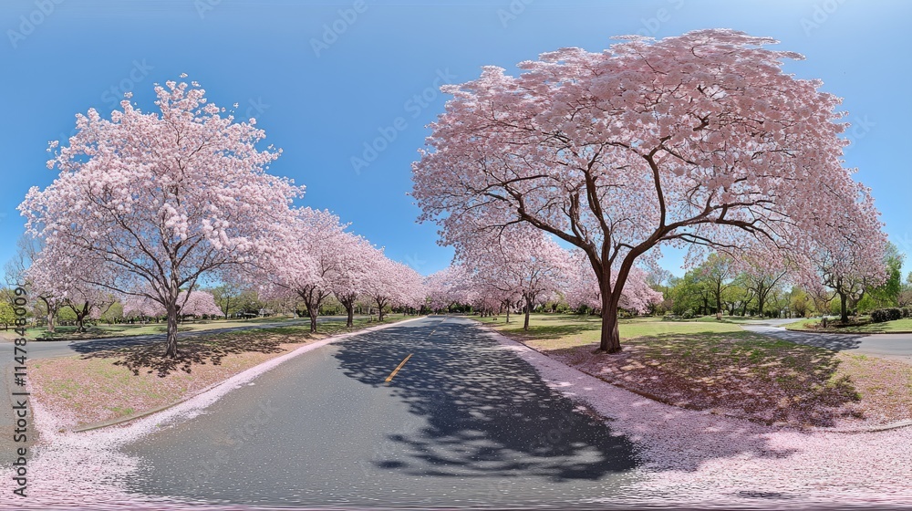 Scenic View of Cherry Blossom Trees Lining a Serene Roadway Scenic View of Cherry Blossom Trees Lining a Serene Roadway