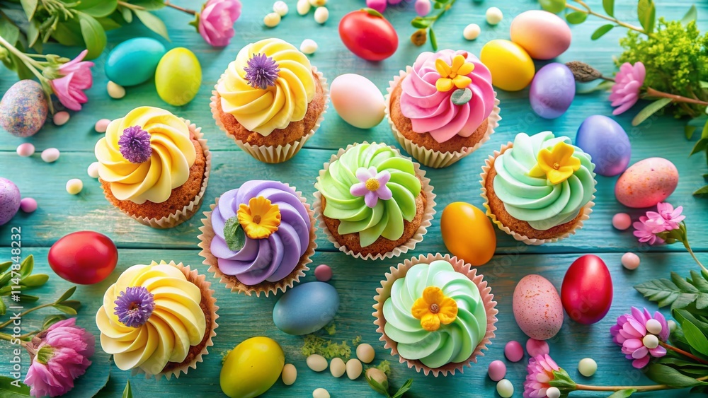 Drone View: Pastel Easter Cupcakes, Colorful Eggs, Festive Spring Background - Aerial Photography Drone View: Pastel Easter Cupcakes, Colorful Eggs, Festive Spring Background - Aerial Photography