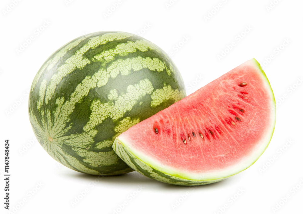 Fresh raw ripe whole watermelon with red juicy slice on white background.AI Generative. Fresh raw ripe whole watermelon with red juicy slice on white background.AI Generative.