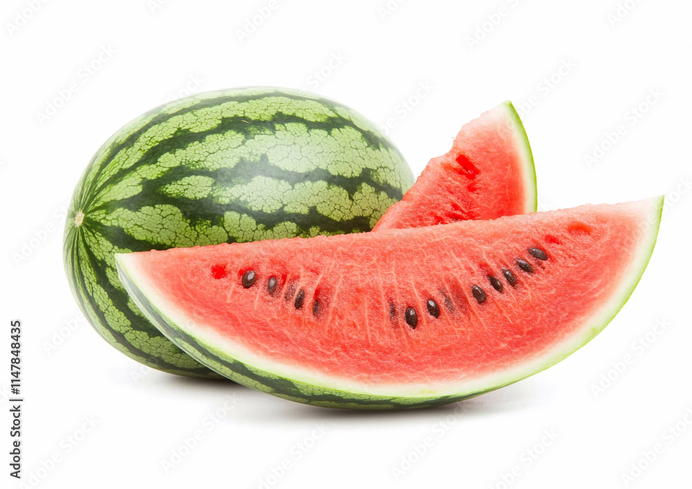Fresh raw ripe whole watermelon with red juicy slices on white background.Macro.AI Generative. Fresh raw ripe whole watermelon with red juicy slices on white background.Macro.AI Generative.