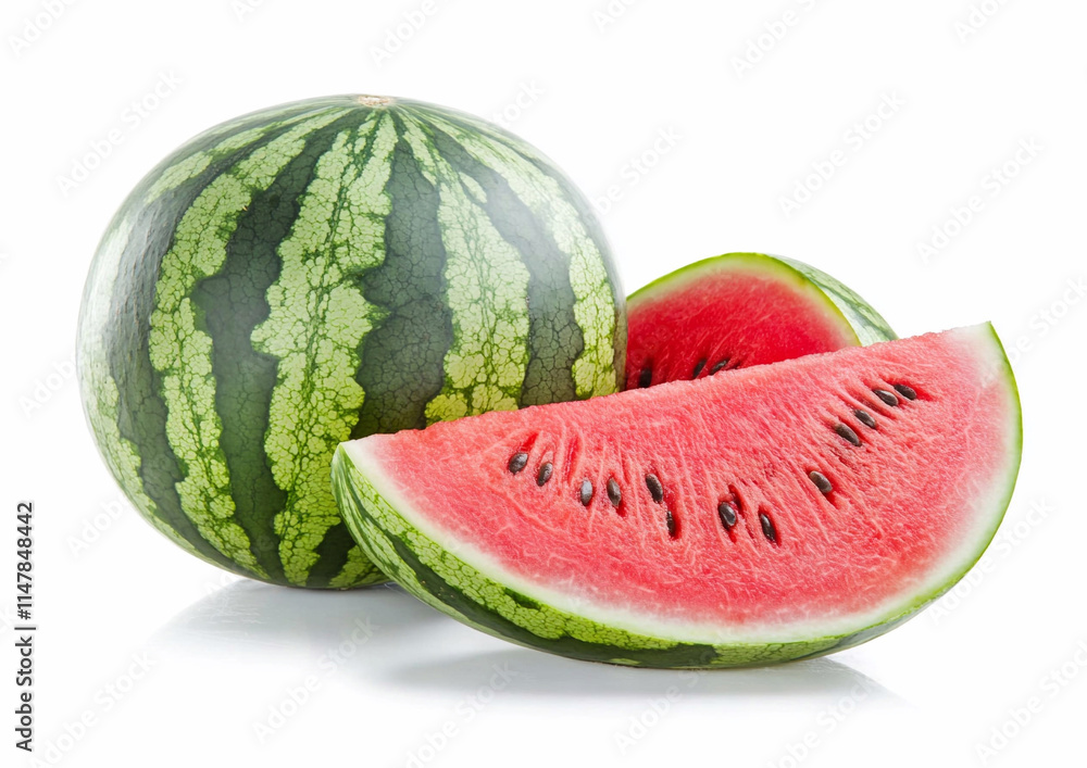 Fresh raw ripe whole watermelon with red juicy slices on white background.Macro.AI Generative. Fresh raw ripe whole watermelon with red juicy slices on white background.Macro.AI Generative.
