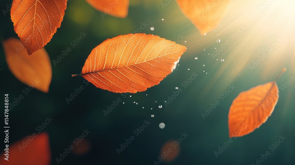 Vibrant Orange Leaves Floating in Sunlight with Gentle Sparkle Effects Vibrant Orange Leaves Floating in Sunlight with Gentle Sparkle Effects