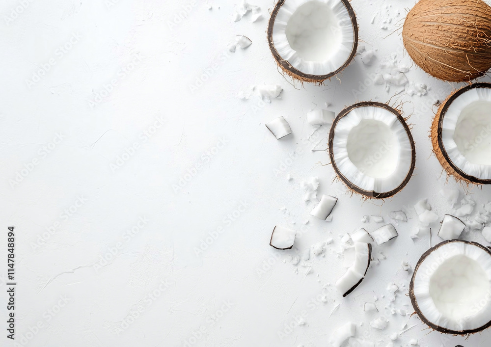 Fresh ripe raw coconut with half and slices on white background.Macro.AI Generative. Fresh ripe raw coconut with half and slices on white background.Macro.AI Generative.