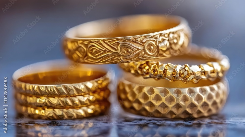 Elegant Golden Rings Display with Intricate Designs and Textures Elegant Golden Rings Display with Intricate Designs and Textures