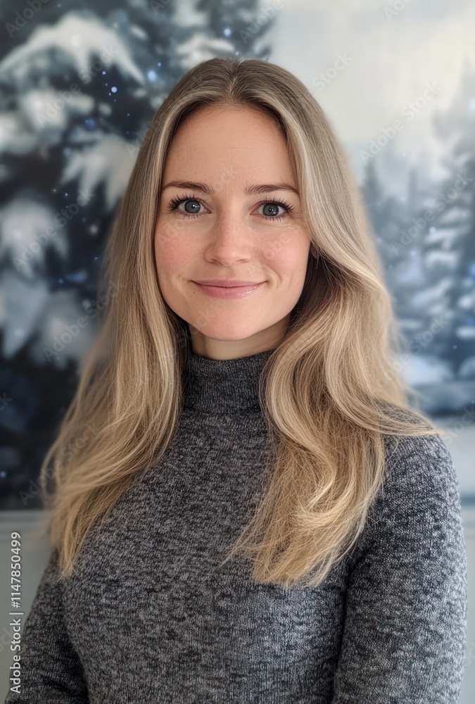 Blonde woman smiling wearing a grey turtleneck sweater Blonde woman smiling wearing a grey turtleneck sweater
