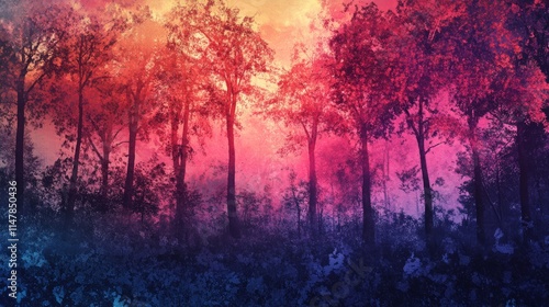 A forest with trees in a painting. The trees are pink, purple, and blue. The sky is orange