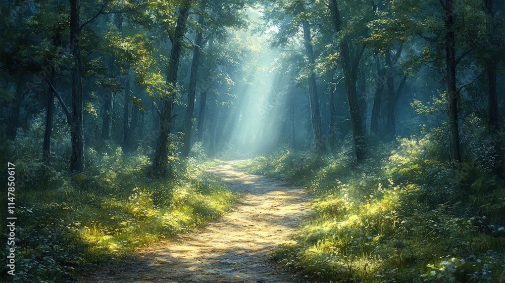 Naklejka premium Sunlit path through mystical, verdant forest.