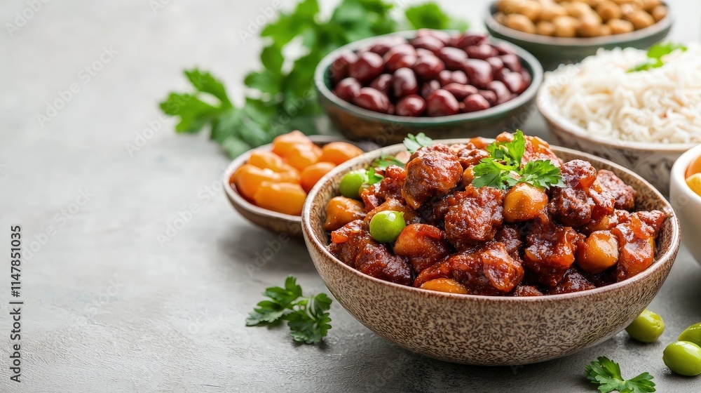 Spicy stew with kidney beans, chickpeas, rice, and peas in rustic bowls. Spicy stew with kidney beans, chickpeas, rice, and peas in rustic bowls.