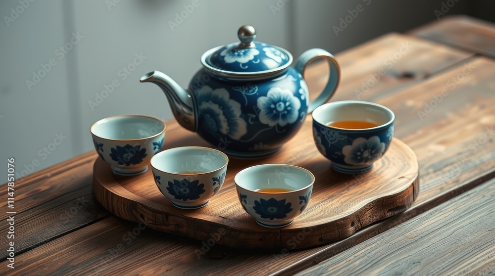 Fototapeta premium Four intricately designed tea cups accompany a beautifully crafted teapot on a wooden tray, perfect for enjoying tea during celebrations like Chinese New Year