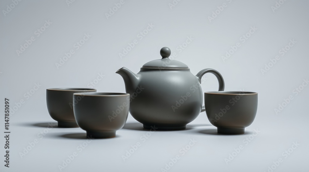 A stylish gray Chinese tea set is showcased with a teapot and three matching cups. This set embodies simplicity and elegance, ideal for festive gatherings A stylish gray Chinese tea set is showcased with a teapot and three matching cups. This set embodies simplicity and elegance, ideal for festive gatherings