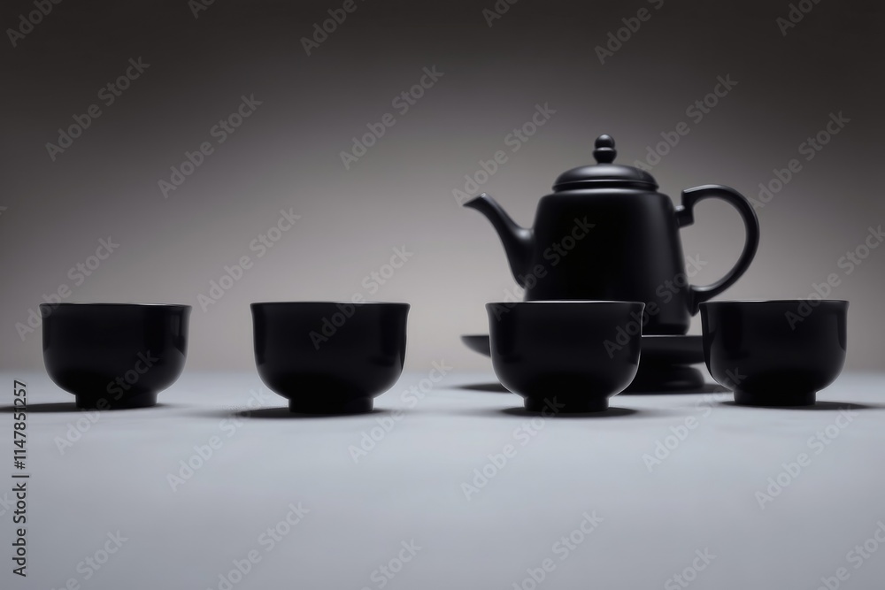 A beautifully crafted Chinese tea set, featuring a sleek teapot and four delicate cups, is arranged thoughtfully to evoke a sense of calm and tradition A beautifully crafted Chinese tea set, featuring a sleek teapot and four delicate cups, is arranged thoughtfully to evoke a sense of calm and tradition