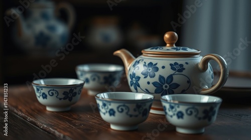 Wallpaper Mural A beautifully crafted Chinese tea set is showcased on a wooden table, featuring a teapot and matching cups with floral designs. Soft lighting enhances the elegance Torontodigital.ca