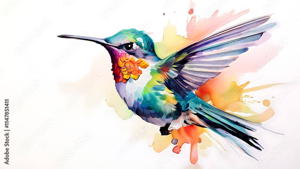 Fototapeta premium The delicate figure of a hummingbird hovers weightlessly in a watercolor vector illustration, each brushstroke defining the subtle iridescence of its feathers against the stark white background.