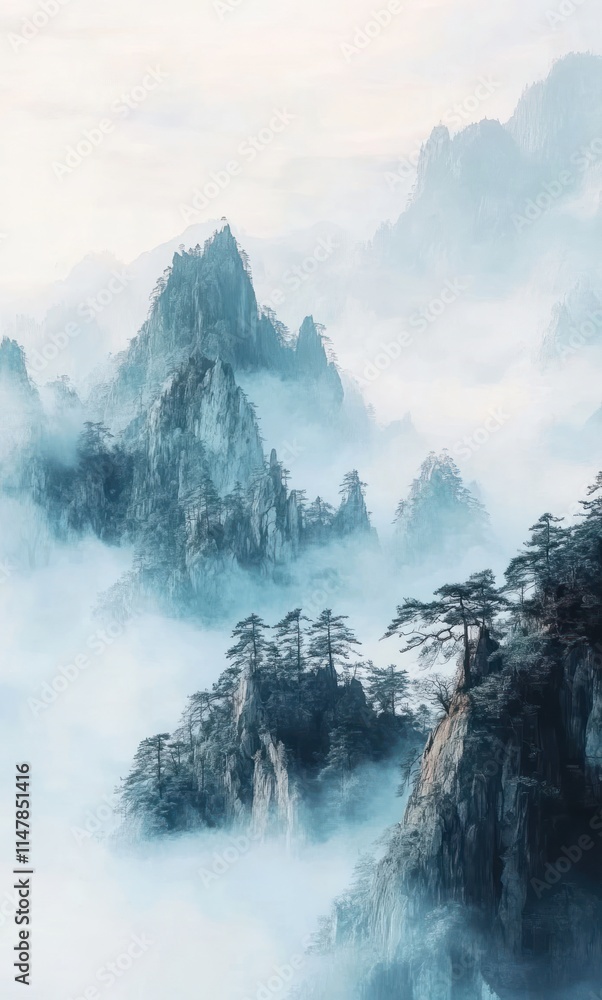 Misty Mountains Enveloped in Soft Morning Light Misty Mountains Enveloped in Soft Morning Light