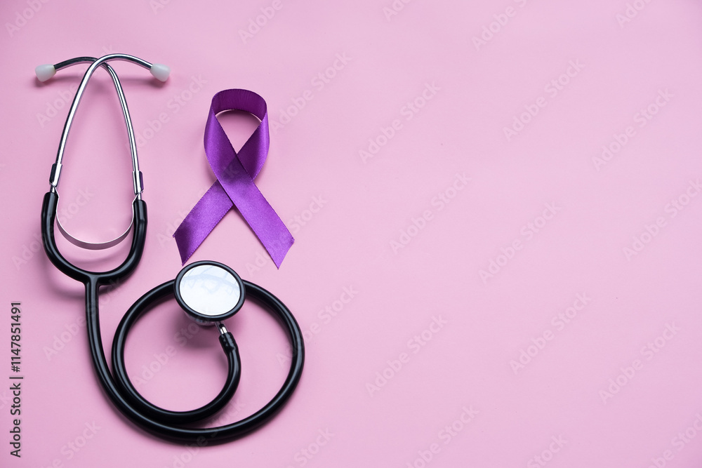 Fototapeta premium Purple epilepsy awareness ribbon with stethoscope and copy space on a pink background. World epilepsy day. Purple Day.