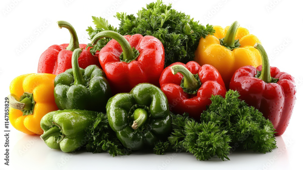 A vibrant arrangement of fresh bell peppers in red, green, and yellow hues, accented by lush green parsley, perfect for healthy cooking and vibrant meal preparation A vibrant arrangement of fresh bell peppers in red, green, and yellow hues, accented by lush green parsley, perfect for healthy cooking and vibrant meal preparation