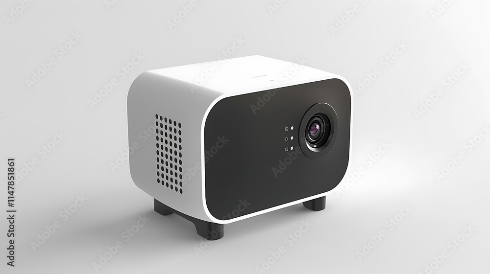 A small, portable projector with a minimalistic design, isolated on a white surface. A small, portable projector with a minimalistic design, isolated on a white surface.