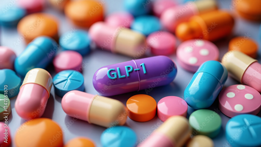 Colorful pills with 'glp-1' text symbolize diabetes care and weight control medication. Colorful pills with 'glp-1' text symbolize diabetes care and weight control medication.