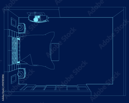 Contour drawing of double bed with pillows and table with vase and plant. Modern loft furniture for stylish bedroom in simple linear style. Doodle vector illustration. Top view.