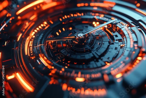 Intricate design of a futuristic clock with glowing orange elements and metallic details