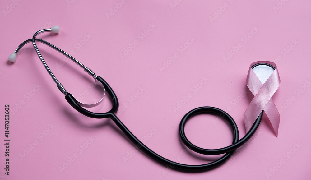 Fototapeta premium Stethoscope with pink ribbon on color background. Breast cancer ribbon
