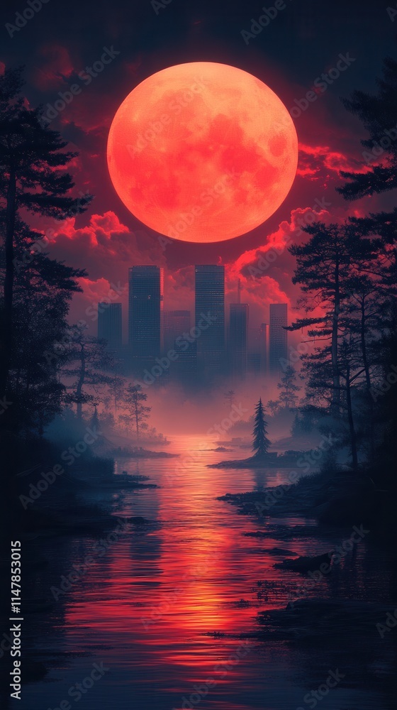 A surreal landscape featuring a large red moon over a misty river, silhouetted trees, and a city skyline in the background. A surreal landscape featuring a large red moon over a misty river, silhouetted trees, and a city skyline in the background.