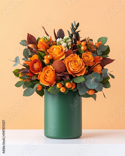 Wallpaper Mural Vibrant Orange Flower Bouquet in Modern Green Vase Torontodigital.ca