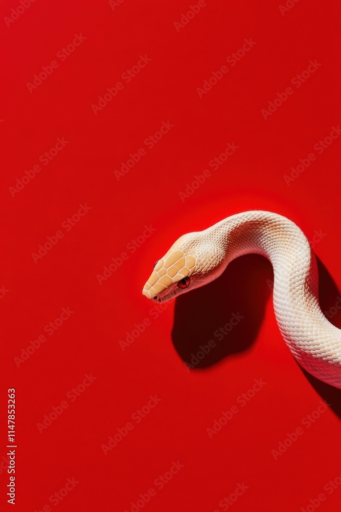 Fototapeta premium White snake slithering on vibrant red background