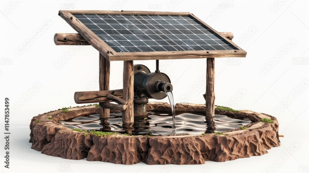 Obraz premium Off Grid Solar Powered Rustic Fountain in Peaceful Woodland Landscape Renewable energy sustainable living and natural beauty come together in this serene self sufficient scene