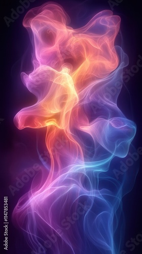 A vibrant swirl of colorful smoke, blending hues of orange, pink, and blue against a dark background.