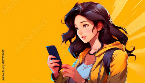 Beautiful young woman with backpack and mobile phone. Vector illustration.