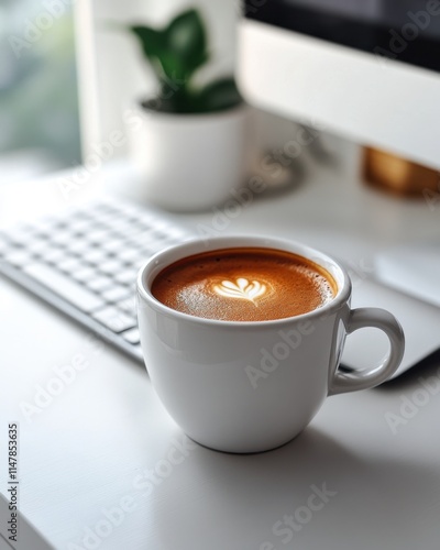 Latte art in white cup on desk near keyboard and computer.