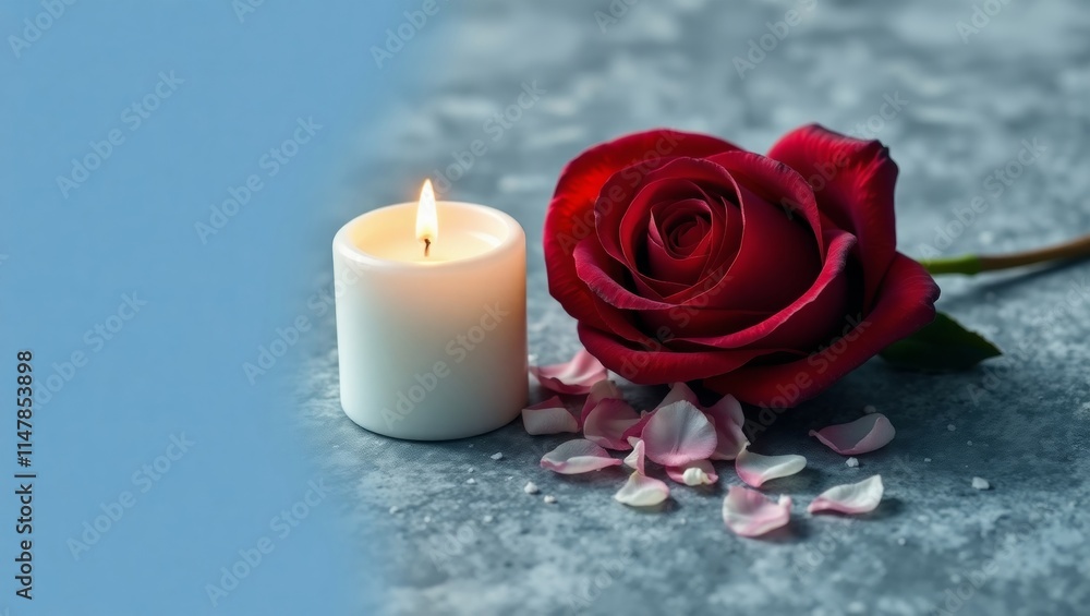 Burning candle illuminating red rose and petals on table Burning candle illuminating red rose and petals on table