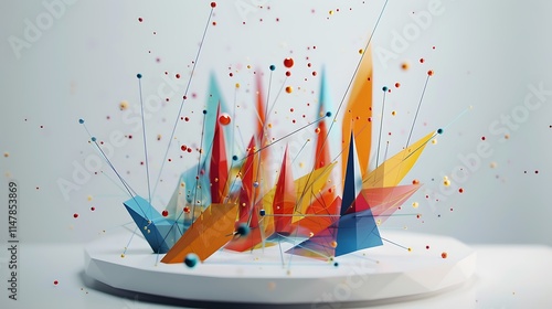 A striking 3D radar chart with colorful axes, representing multiple data points, set on a white surface.