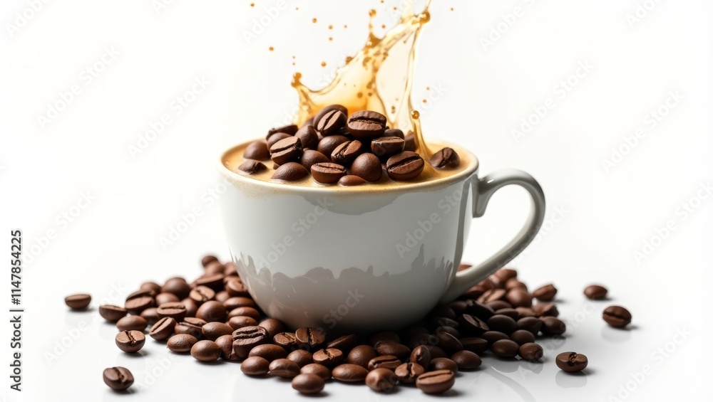 Obraz premium Coffee splashing in a white cup surrounded by coffee beans