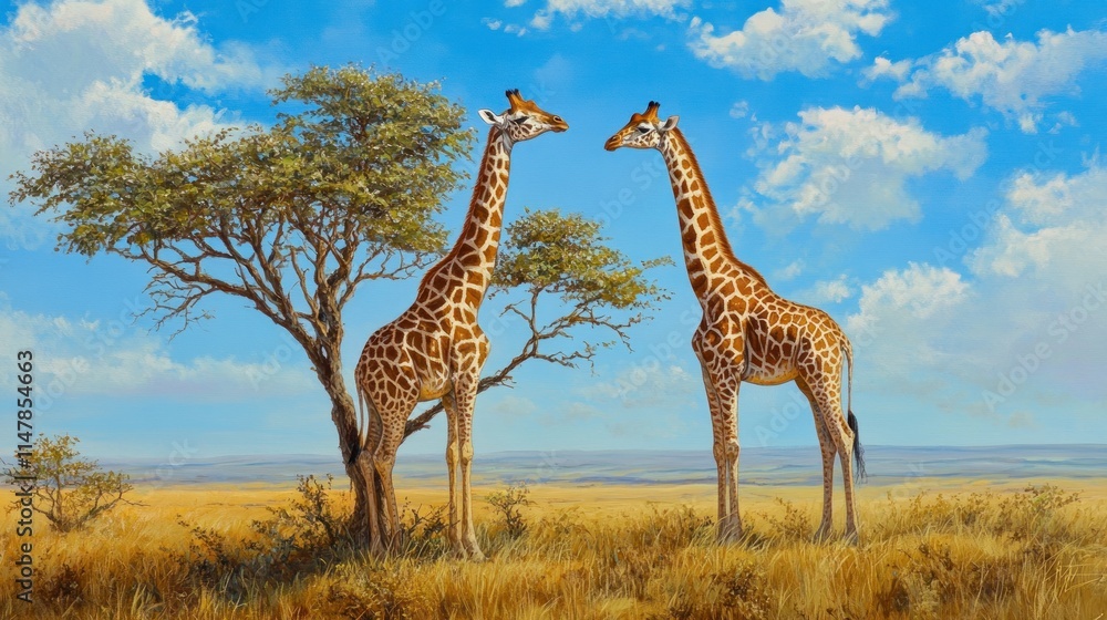 Obraz premium Two Giraffes Stand Tall Beneath A Sunny African Sky