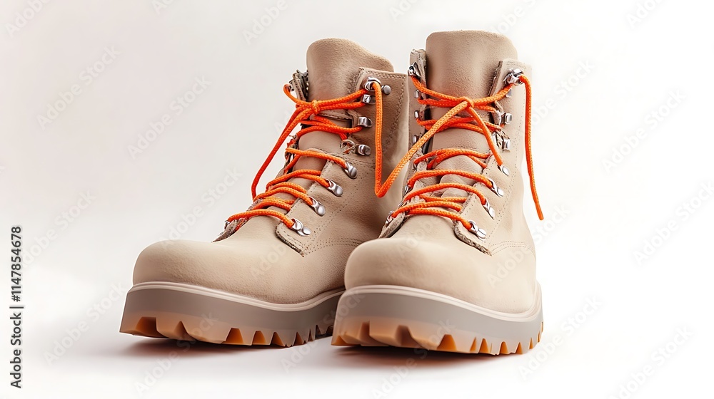 Pair of Beige Leather Hiking Boots with Orange Laces Pair of Beige Leather Hiking Boots with Orange Laces