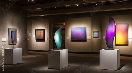 Modern art gallery interior with glass sculptures and paintings.