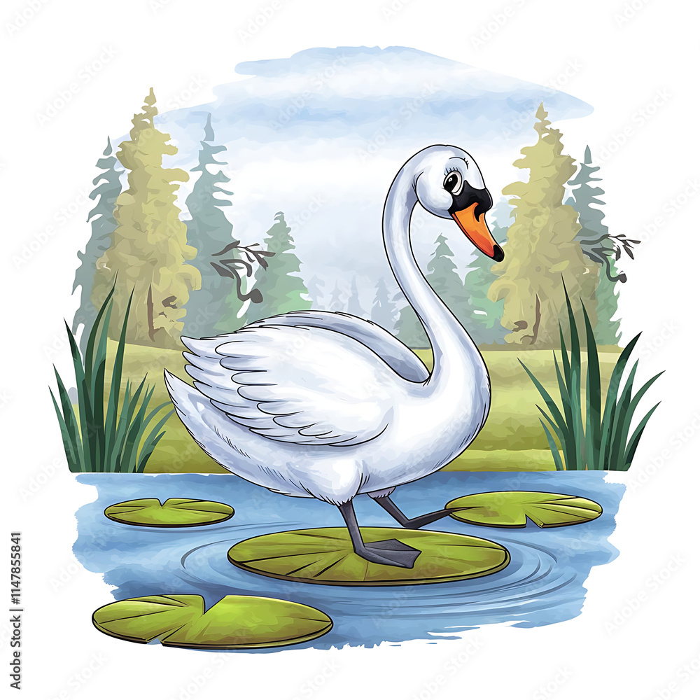 Obraz premium A watercolor of a cartoon swan animation. The swan is walking on a lily pad in a calm pond. The background is a serene landscape with tall trees and a clear sky. 