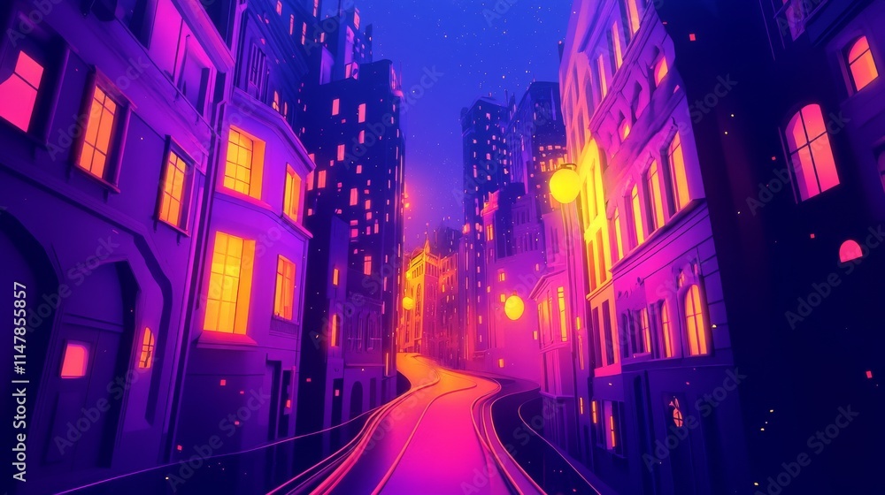 Fototapeta premium A colorful digital illustration of a neon-lit city street at night, showcasing glowing buildings and a vibrant urban atmosphere.