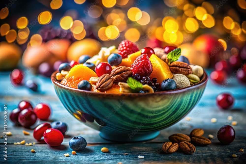 Naklejka premium A bokeh-filled still life: a blue table hosts a colorful array of fruits and nuts, captivatingly out of focus.