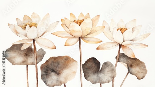 Fototapeta Naklejka Na Ścianę i Meble -  Watercolor painting of three beige lotus flowers and leaves on white background.