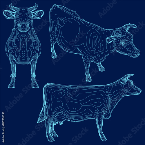 Blue contour set mother cow standing design. Vector illustration